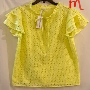 NY Collection Yellow Eyelet Ruffle Sleeve Blouse